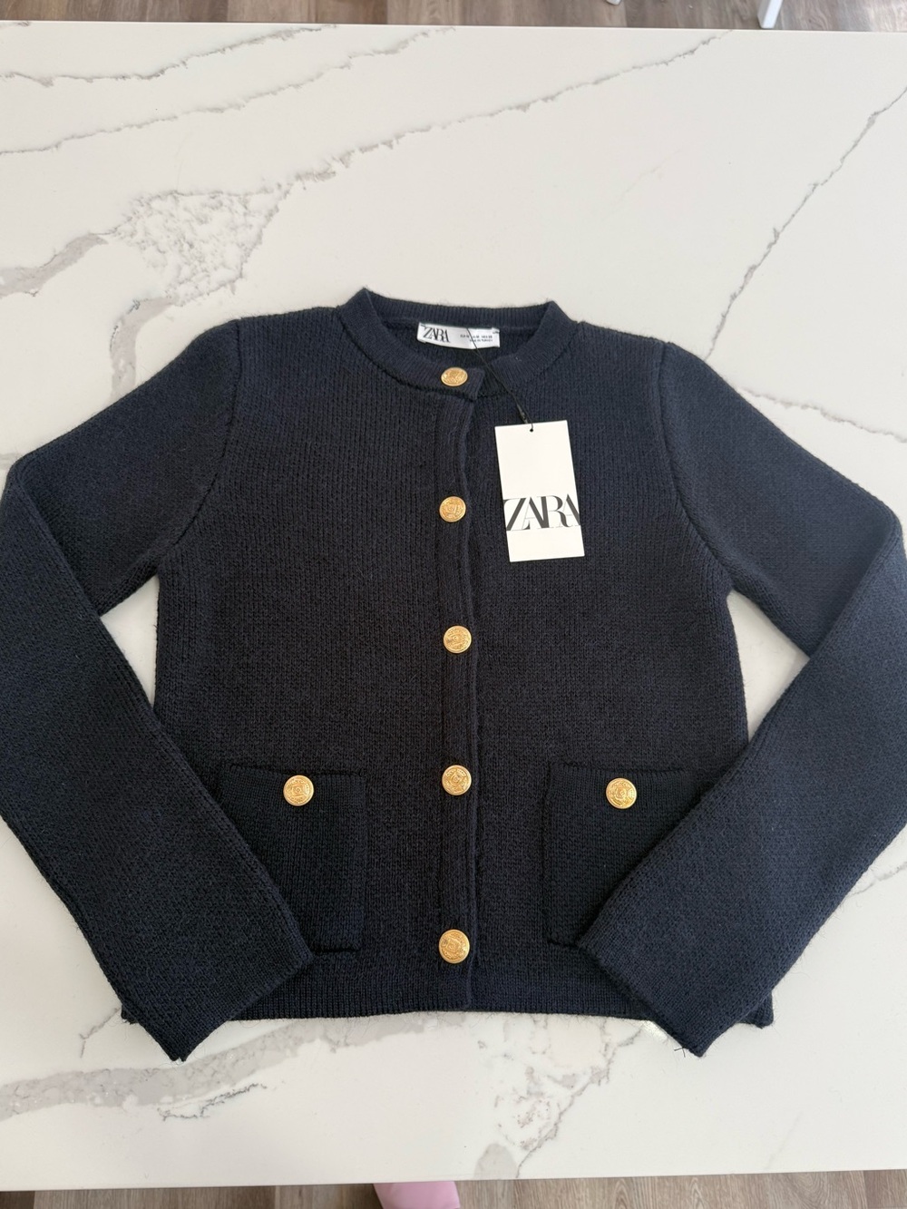 Zara women’s Navy Knit Cardigan with Gold Buttons